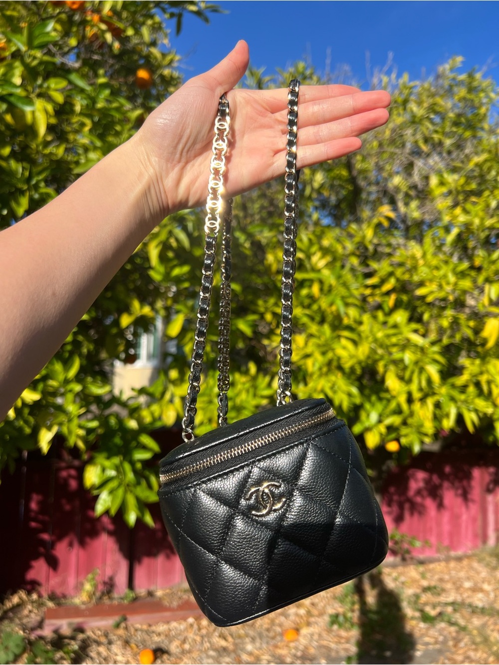 CHANEL Black Caviar Skin Mini Vanity Crossbody Bag with Limited Edition Chain